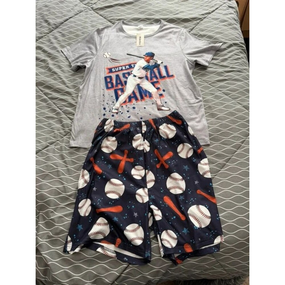 Mikrdoo Boys Baseball Graphic Pajama Set Gray T-Shirt Navy Print Shorts 16Y